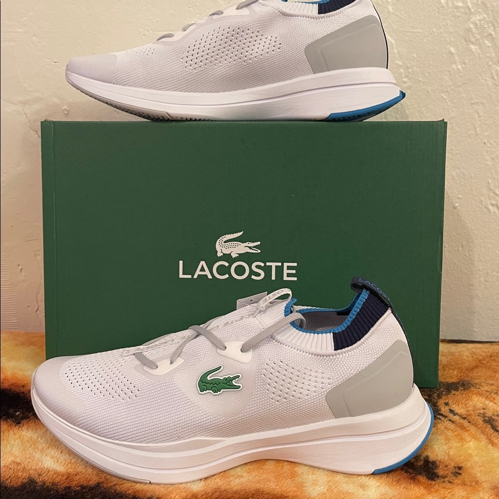 Lacoste Men's Run Spin Knit Sneakers, White/Blue, 10
